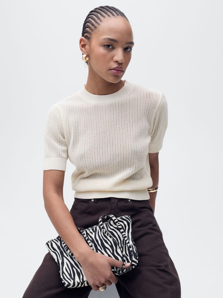 Mango Cream Short-Sleeved Openwork Knitted Jumper - Image 1 of 7