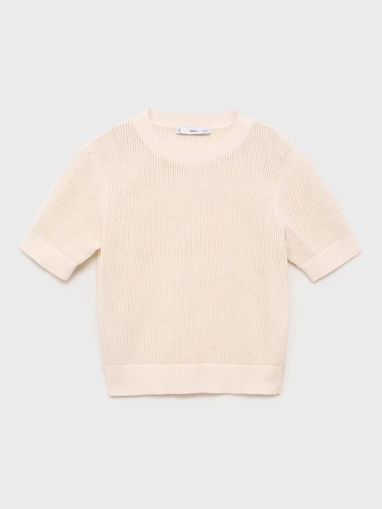 Mango Cream Short-Sleeved Openwork Knitted Jumper - Image 6 of 7