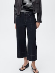Mango Blue Seam Detail Crop Wide Leg Jeans - Image 1 of 7