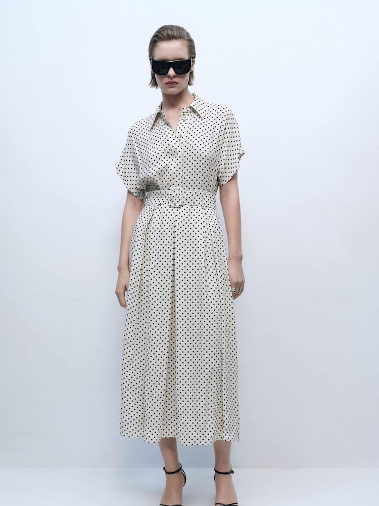 Mango Cream Polka Dot Short Sleeve Shirt Midi Dress - Image 1 of 6