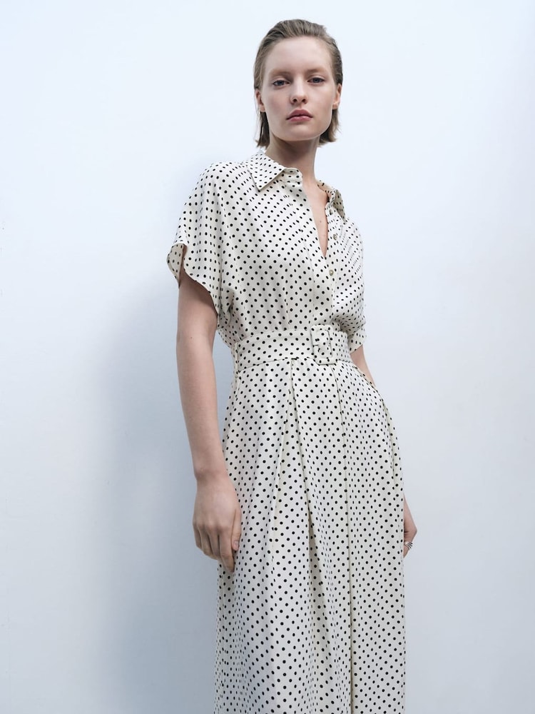 Mango Cream Polka Dot Short Sleeve Shirt Midi Dress - Image 2 of 6