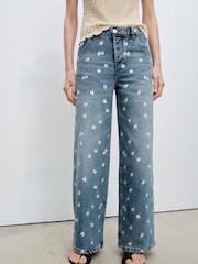 Mango Blue Flower Embroidered Wideleg Jeans - Image 1 of 6