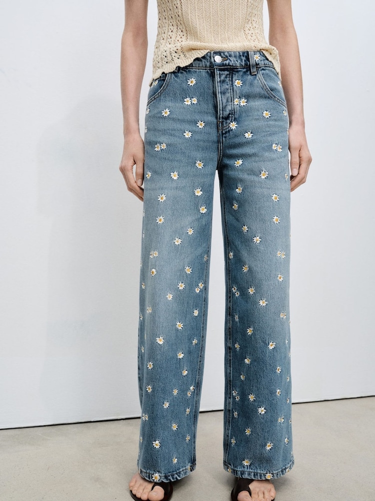 Mango Blue Flower Embroidered Wideleg Jeans - Image 1 of 6