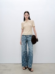 Mango Blue Flower Embroidered Wideleg Jeans - Image 2 of 6