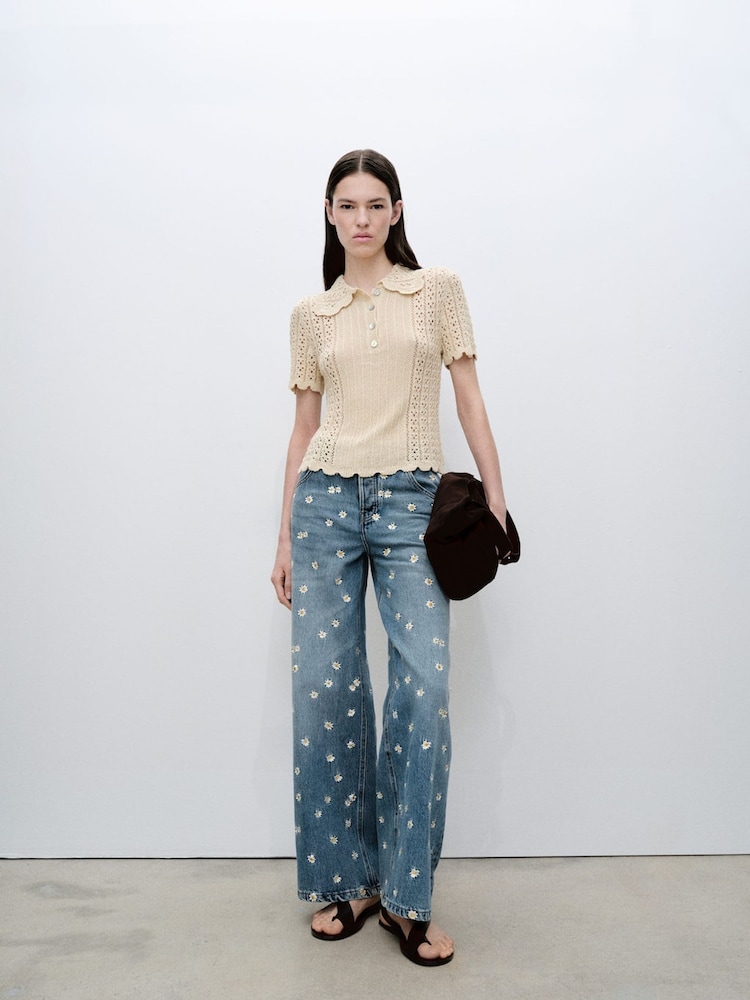 Mango Blue Flower Embroidered Wideleg Jeans - Image 2 of 6