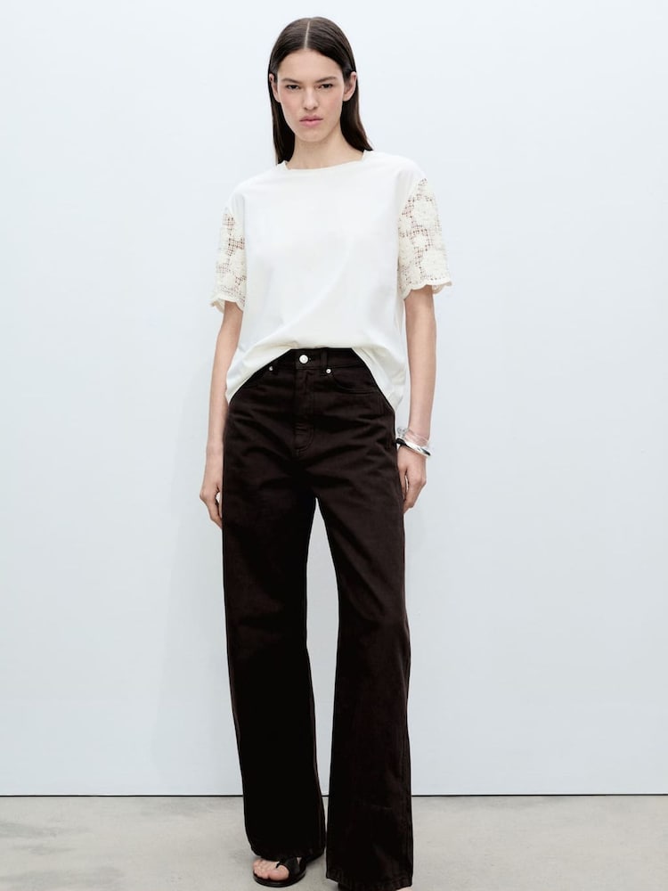 Mango White Crochet Sleeve Cotton T-Shirt - Image 1 of 5