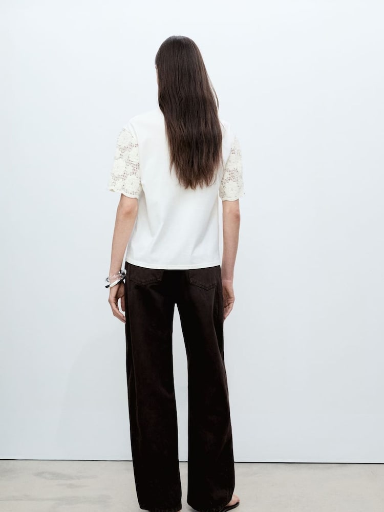 Mango White Crochet Sleeve Cotton T-Shirt - Image 2 of 5