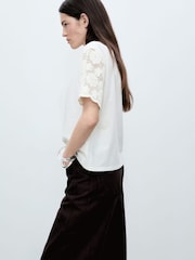 Mango White Crochet Sleeve Cotton T-Shirt - Image 3 of 5