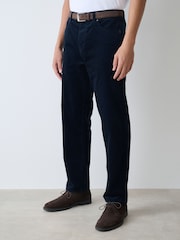 Navy Straight Fit Belted Corduroy Trousers - Image 1 of 11
