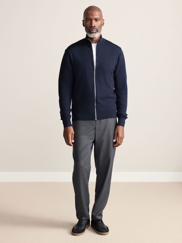Navy Blue Zip Through Regular Fit Signature 100% Merino Wool Light Weight Jumper - Image 2 of 5