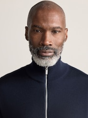 Navy Blue Zip Through Regular Fit Signature 100% Merino Wool Light Weight Jumper - Image 5 of 5