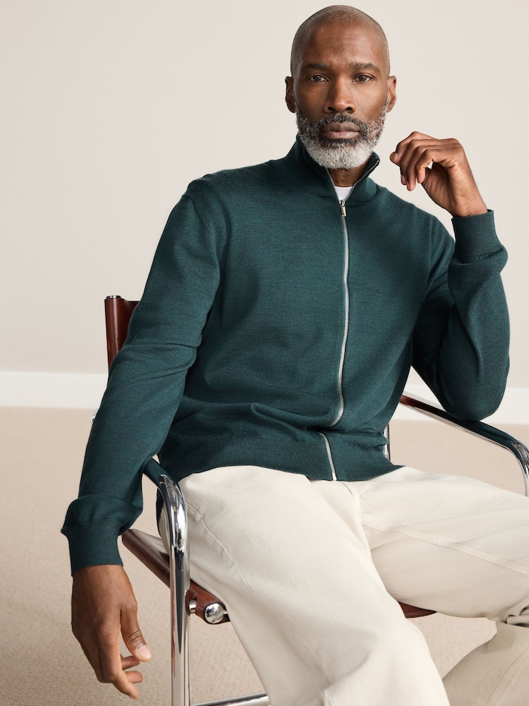 Green Zip Through Regular Fit Signature 100% Merino Wool Light Weight Jumper - Image 1 of 5