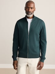 Green Zip Through Regular Fit Signature 100% Merino Wool Light Weight Jumper - Image 2 of 5