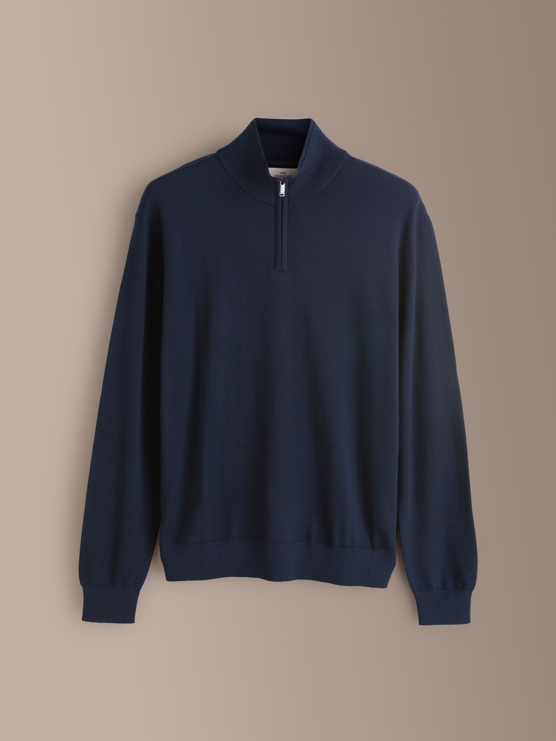 Buy Navy Blue Regular Fit Signature 100% Merino Wool Zip Neck