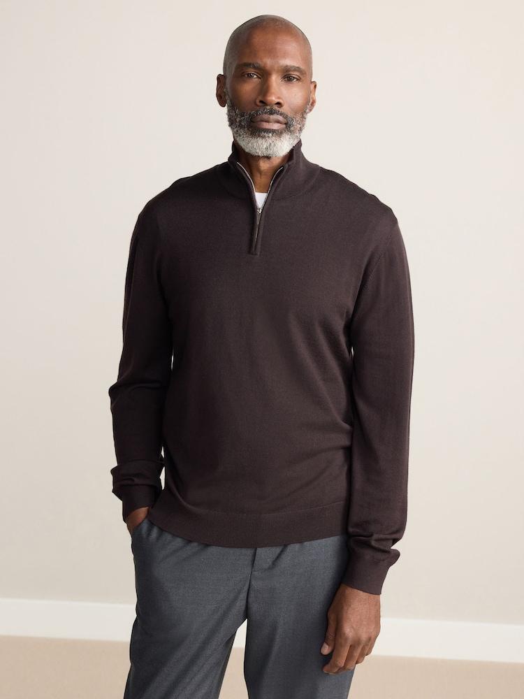 Brown Zip Neck Regular Fit Signature 100% Merino Wool Light Weight Jumper - Image 1 of 4
