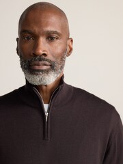 Brown Zip Neck Regular Fit Signature 100% Merino Wool Light Weight Jumper - Image 4 of 4