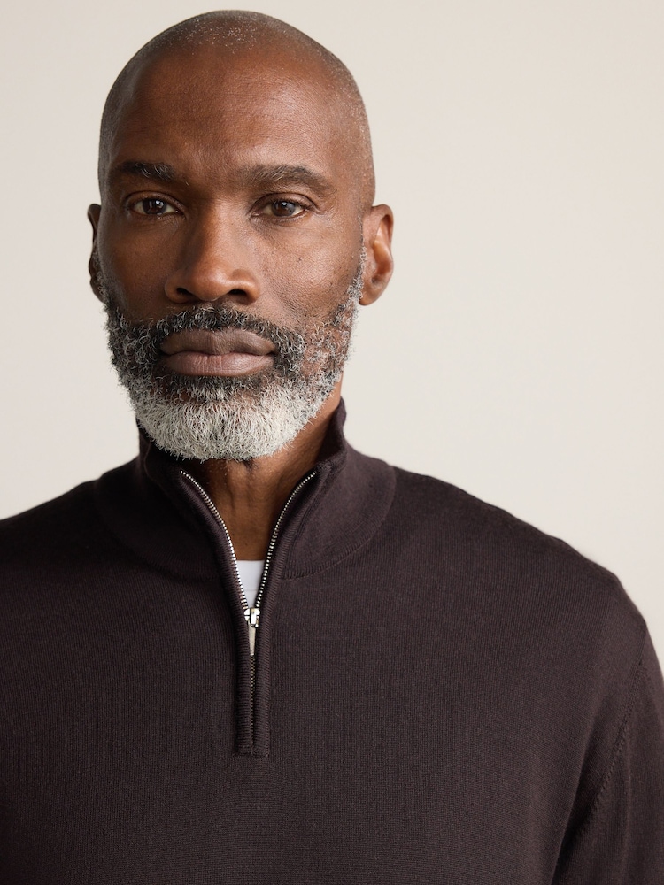 Brown Zip Neck Regular Fit Signature 100% Merino Wool Light Weight Jumper - Image 4 of 4