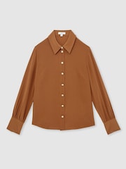 Reiss Tan Brown Gianna Silk Embossed-Button Shirt - Image 2 of 6