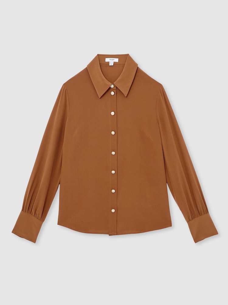 Reiss Tan Brown Gianna Silk Embossed-Button Shirt - Image 2 of 6 Reiss Tan Brown Gianna Silk Embossed-Button Shirt - Image 2 of 6