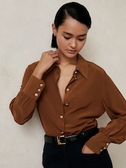 Reiss Tan Brown Gianna Silk Embossed-Button Shirt - Image 4 of 6