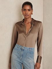 Reiss Taupe Brown Ameira Silk-Satin Concealed-Placket Shirt - Image 1 of 7