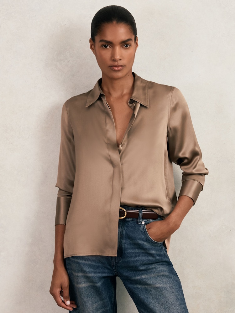 Reiss Taupe Brown Ameira Silk-Satin Concealed-Placket Shirt - Image 1 of 6 Reiss Taupe Brown Ameira Silk-Satin Concealed-Placket Shirt - Image 1 of 6