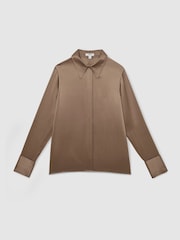 Reiss Taupe Brown Ameira Silk-Satin Concealed-Placket Shirt - Image 2 of 7