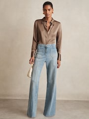 Reiss Taupe Brown Ameira Silk-Satin Concealed-Placket Shirt - Image 3 of 7