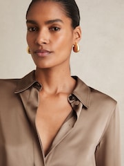 Reiss Taupe Brown Ameira Silk-Satin Concealed-Placket Shirt - Image 4 of 7