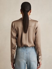 Reiss Taupe Brown Ameira Silk-Satin Concealed-Placket Shirt - Image 6 of 7