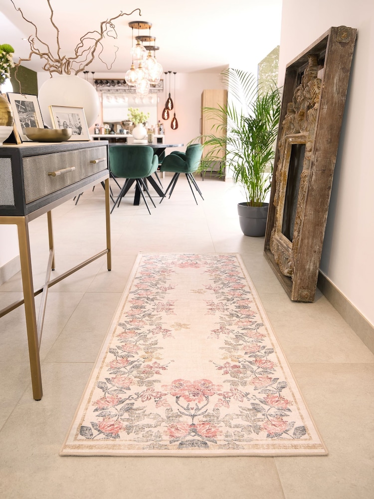 Hug Rug Cream and Floral Print British Made Washable Botantical Border Runner - Image 1 of 4