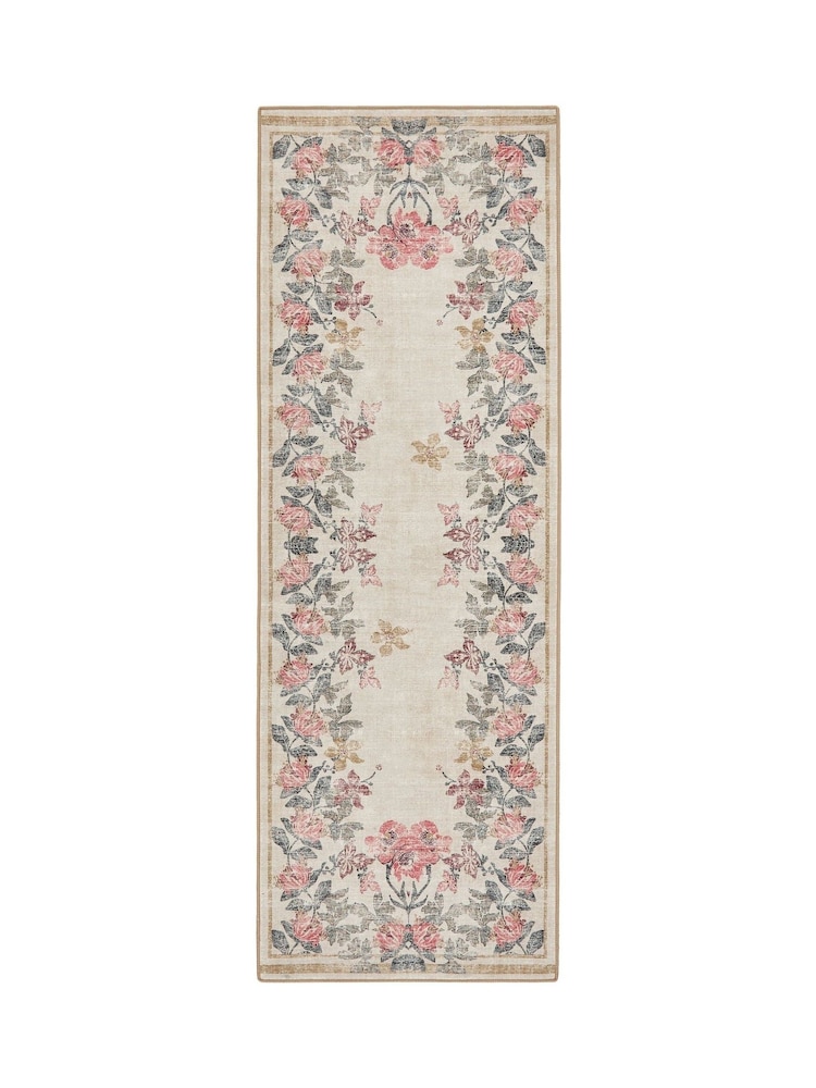 Hug Rug Cream and Floral Print British Made Washable Botantical Border Runner - Image 2 of 4
