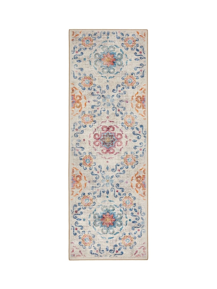 Hug Rug Beige and Blue British Made Washable Modern Damask Runner - Image 2 of 4
