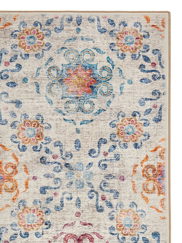 Hug Rug Beige and Blue British Made Washable Modern Damask Runner - Image 4 of 4