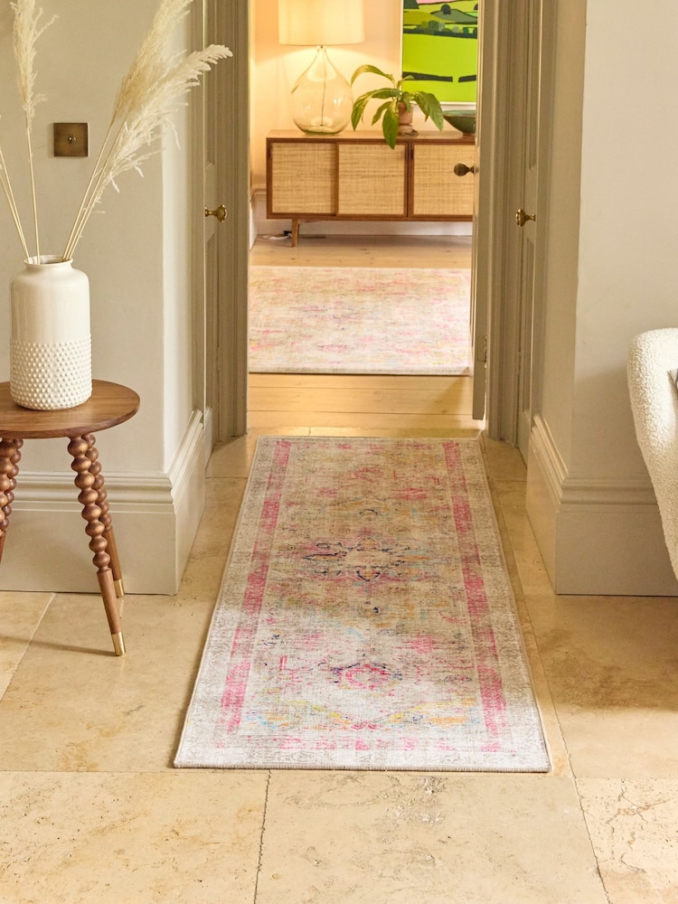 Hug Rug Beige Pink and Blue British Made Washable Neo Classical Runner - Image 1 of 4