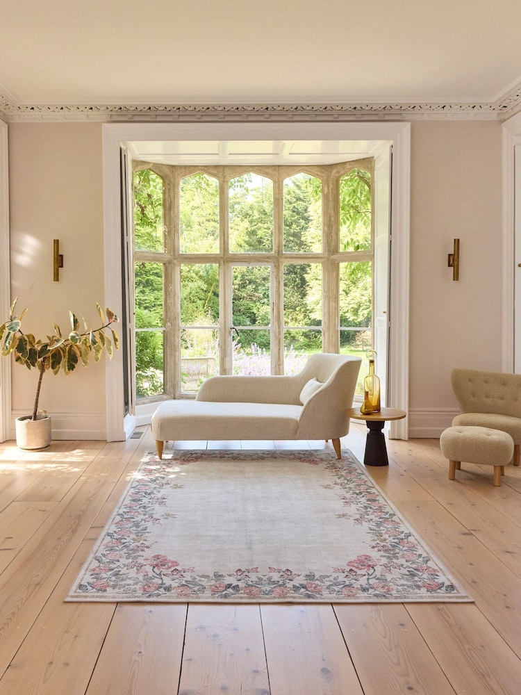Hug Rug Cream Floral British Made Washable Botantical Border Rug - Image 1 of 6