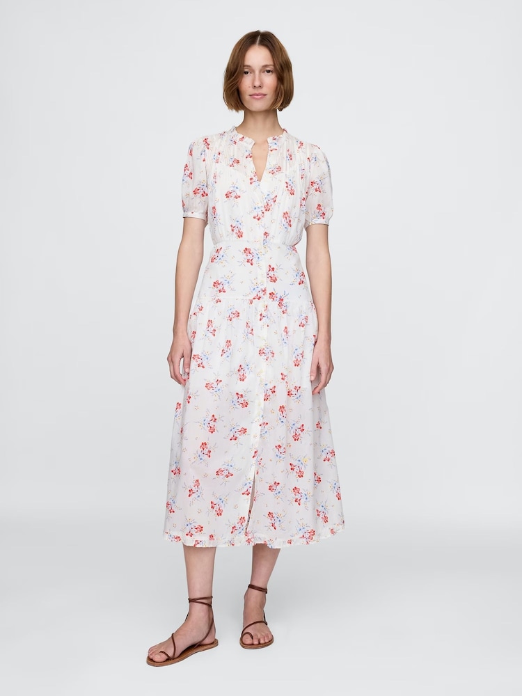 Gap White DÔEN Pintuck Floral Midi Dress - Image 1 of 8