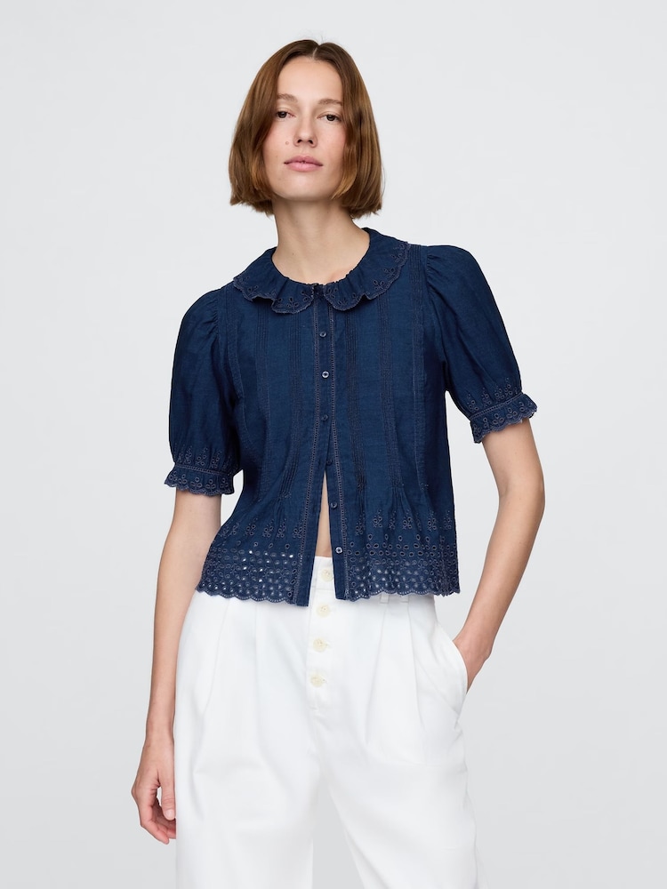 Gap Navy DÔEN Eyelet Short Sleeve Shirt - Image 1 of 6