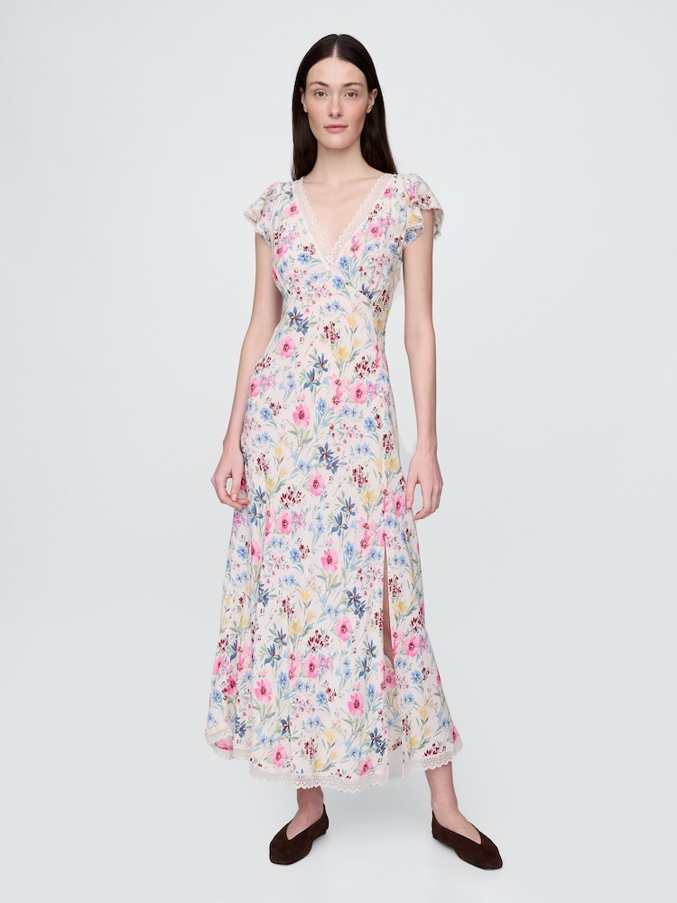 Gap White Floral Crepe Lace-Trim V-Neck Maxi Dress - Image 1 of 5