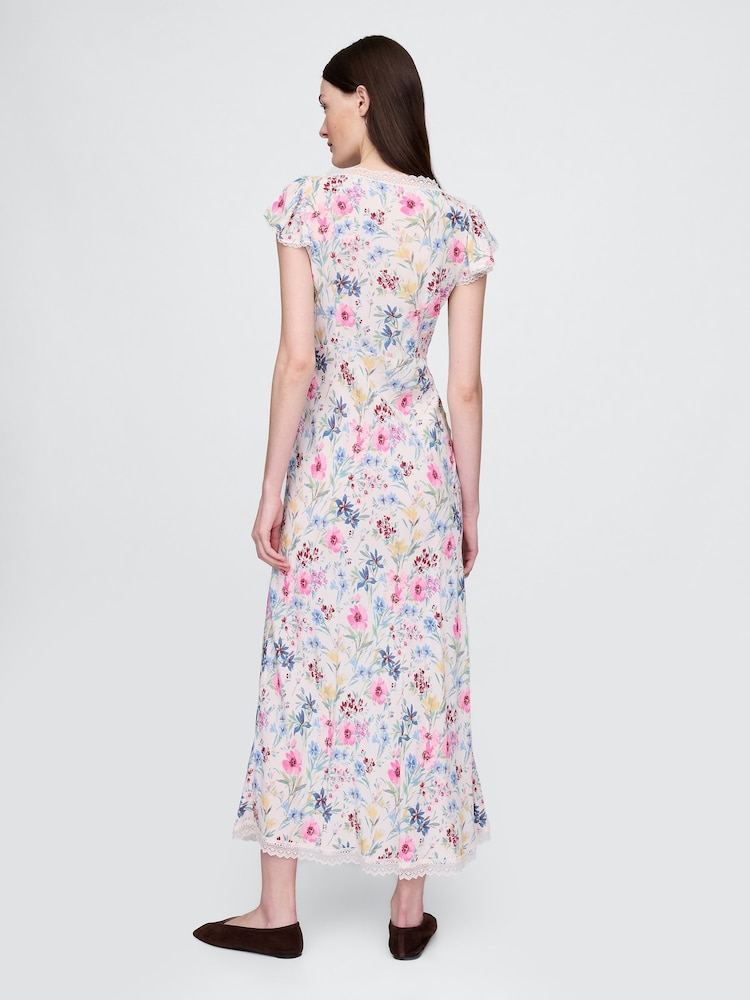 Gap White Floral Crepe Lace-Trim V-Neck Maxi Dress - Image 2 of 5