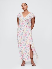 Gap White Floral Crepe Lace-Trim V-Neck Maxi Dress - Image 5 of 5
