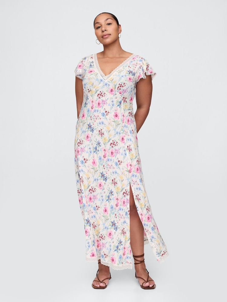 Gap White Floral Crepe Lace-Trim V-Neck Maxi Dress - Image 5 of 5