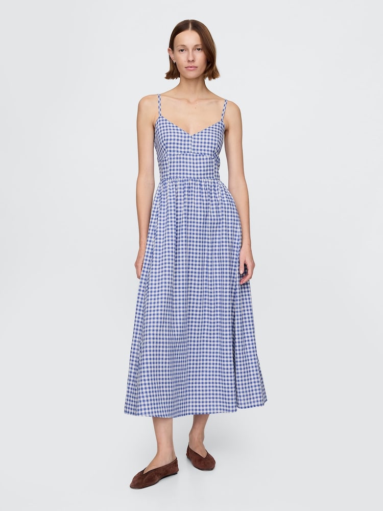 Gap Blue/White Gingham Cotton Corset Midi Dress - Image 1 of 5