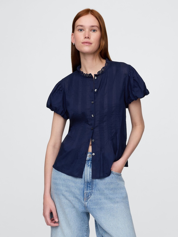 Gap Navy Blue Cotton Button Through Bubble-Sleeve Top - Image 1 of 6