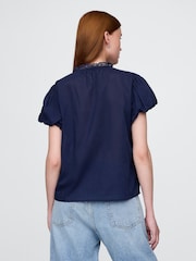 Gap Navy Blue Cotton Button Through Bubble-Sleeve Top - Image 2 of 6