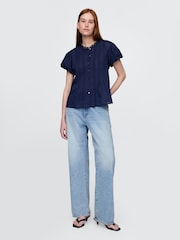 Gap Navy Blue Cotton Button Through Bubble-Sleeve Top - Image 3 of 6