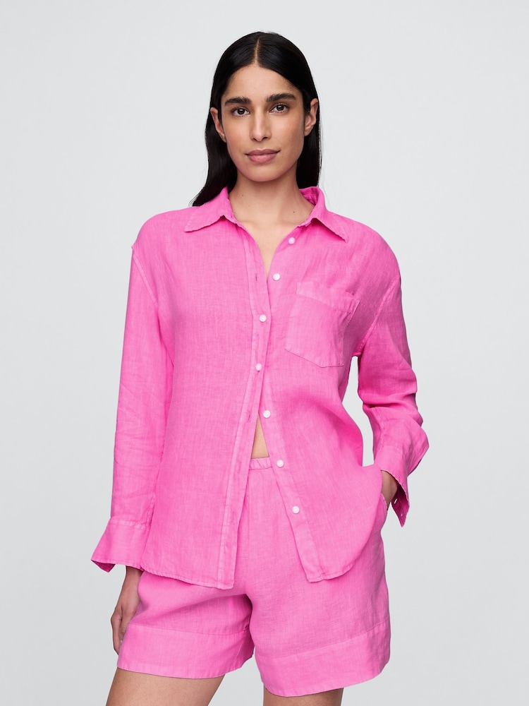 Gap Pink 100% Linen Button Down Long Sleeve Oversized Shirt - Image 2 of 5