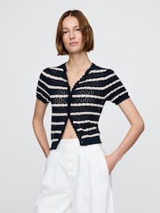Gap Navy/White Stripe DÔEN Linen-Blend Short Sleeve Pointelle Cardigan - Image 1 of 6