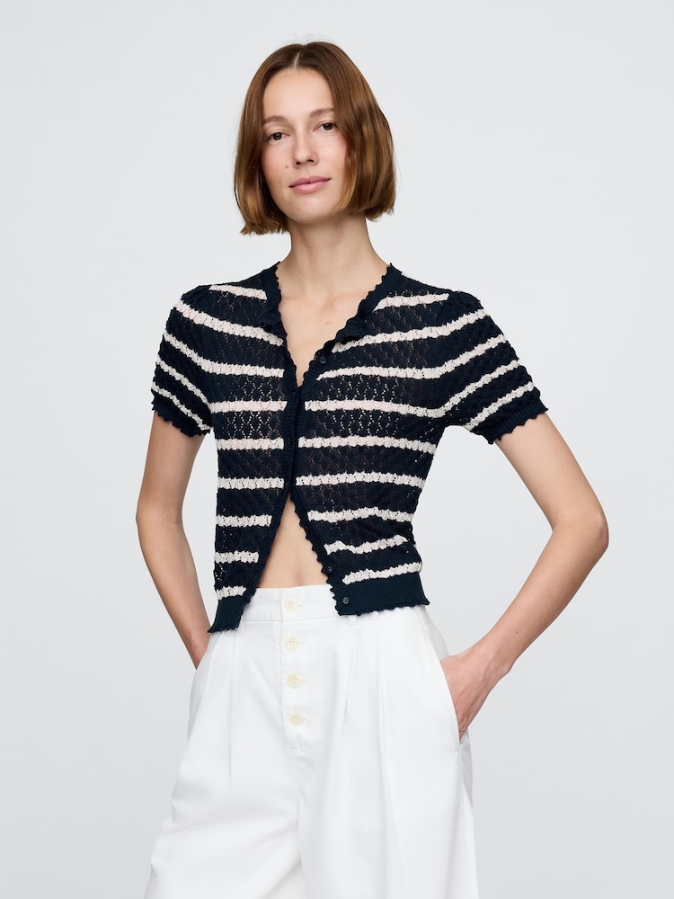 Gap Navy/White Stripe DÔEN Linen-Blend Short Sleeve Pointelle Cardigan - Image 1 of 6