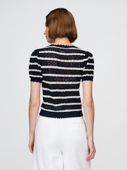 Gap Navy/White Stripe DÔEN Linen-Blend Short Sleeve Pointelle Cardigan - Image 2 of 6